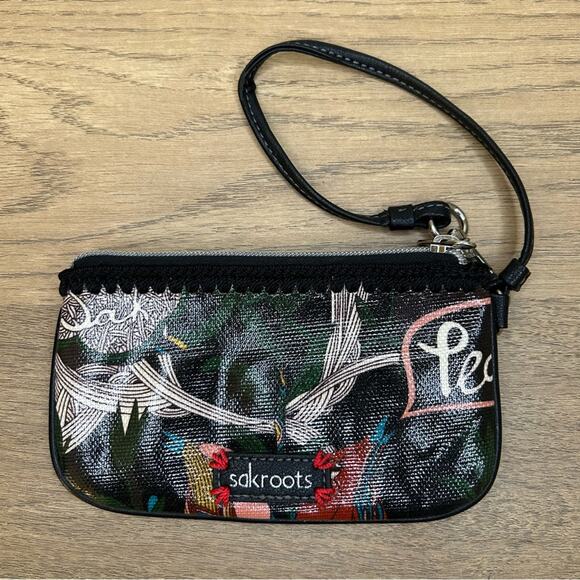 Sakroots Peace Nature Happy Wristlet Pouch Black - Picture 1 of 10